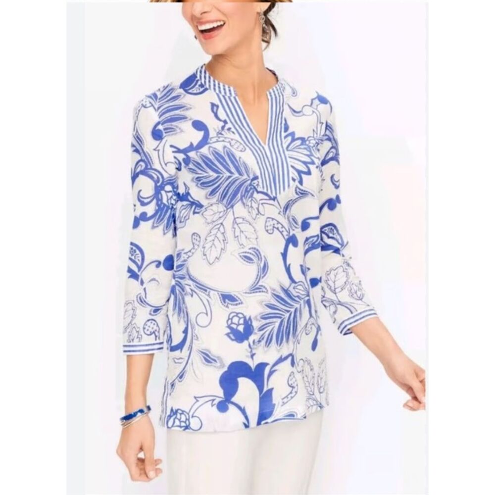 Talbots Cotton Tunic Size Large Paisley Blue White Floral NWOT - Picture 1 of 12